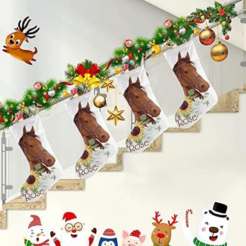  XOZOTY Personalized Christmas Stocking Sunflower Horse Custom Name Socks Xmas Tree Fireplace Hanging Party Decor Gift 17.52 x 7.87 Inch