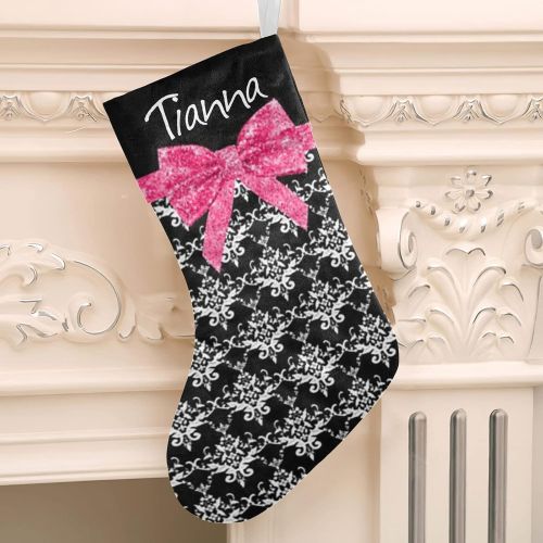  XOZOTY Black White Damask Pink Bow Customized Name Christmas Stocking for Xmas Tree Fireplace Hanging and Party Decor 17.52 x 7.87 Inch