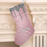 XOZOTY Personalized Christmas Stocking Silver Pink Custom Name Socks Xmas Tree Fireplace Hanging Party Decor Gift 17.52 x 7.87 Inch