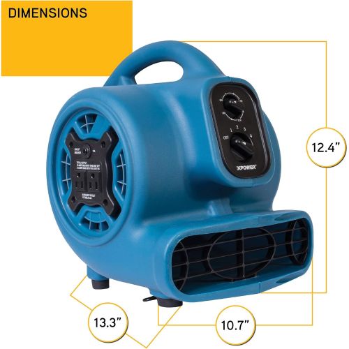  XPOWER P-230AT 1/5 HP 800 CFM 3 Speeds Mini Air Mover with 3-Hour Timer and Built-in Dual Outlets for Daisy Chain, 2.3-Amp