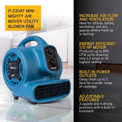  XPOWER P-230AT 1/5 HP 800 CFM 3 Speeds Mini Air Mover with 3-Hour Timer and Built-in Dual Outlets for Daisy Chain, 2.3-Amp