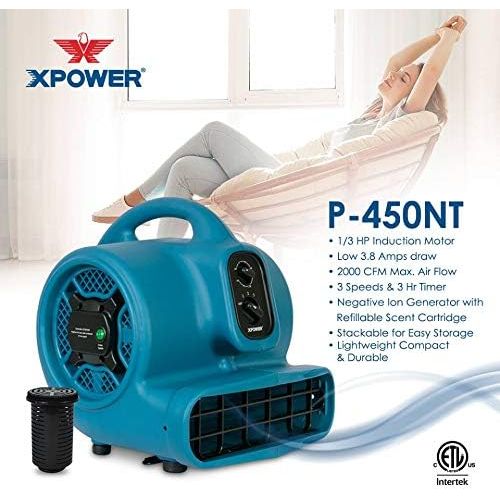  XPOWER P-450NT 1/3 HP Freshen Aire Scented Air Mover with Ionizer & Timer, Blue