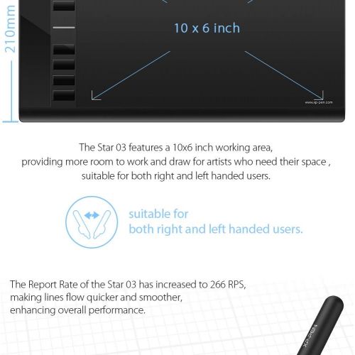  [아마존베스트]XP-PEN Star 03 Battery-Free P01 Pen Graphics Tablet 2048 Stage Pressure Sensitivity Wide Surface and 8 Quick Access Keys