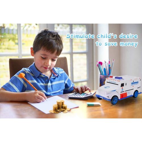  [아마존베스트]XREXS Electronic Piggy Banks, Cool Armored Car Bank with Password & Music,Best Kids Early Learning Educational Toys for Toddlers,Auto Scroll Cash Coin Bank for Adults ( Batteries N