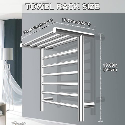  XSGDMN Heated Towel Warmer with Top Shelf, Wall Mounted Towel Warmers for Bathroom, Energy Efficient 105W Stainless Steel 6 Bar Towel Rack with LED On/Off, Mirror Polished (Hardwir