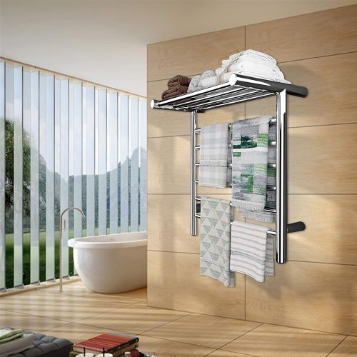  XSGDMN Heated Towel Warmer with Top Shelf, Wall Mounted Towel Warmers for Bathroom, Energy Efficient 105W Stainless Steel 6 Bar Towel Rack with LED On/Off, Mirror Polished (Hardwir