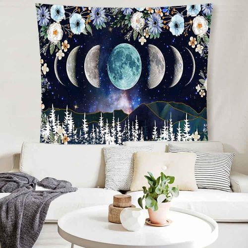  X SISTER Moonlight Garden Tapestry Moon Phases Mountain Range Line Aesthetics Rattan Flowers Woods Wall Hanging (60*60in)