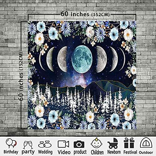  X SISTER Moonlight Garden Tapestry Moon Phases Mountain Range Line Aesthetics Rattan Flowers Woods Wall Hanging (60*60in)