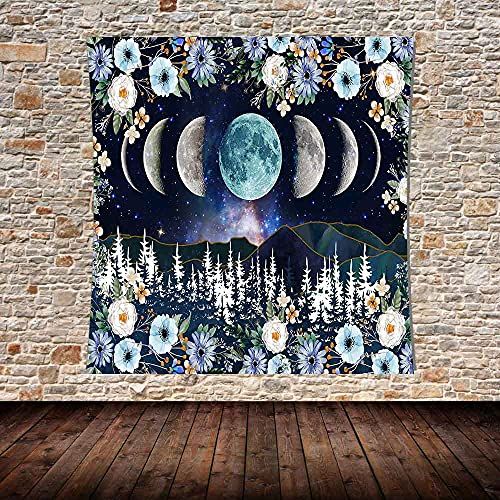  X SISTER Moonlight Garden Tapestry Moon Phases Mountain Range Line Aesthetics Rattan Flowers Woods Wall Hanging (60*60in)