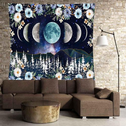  X SISTER Moonlight Garden Tapestry Moon Phases Mountain Range Line Aesthetics Rattan Flowers Woods Wall Hanging (60*60in)