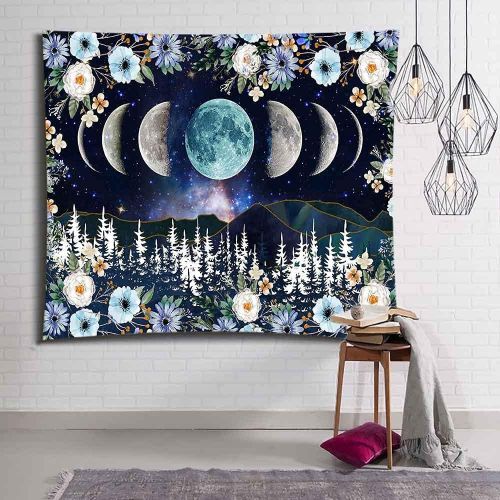  X SISTER Moonlight Garden Tapestry Moon Phases Mountain Range Line Aesthetics Rattan Flowers Woods Wall Hanging (60*60in)