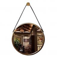 XSJ-Mirrors Wall-Mounted Mirrors Metal Bathroom Mirrors with Faux Leather Hanging Strap Wall-Mounted Vanity Mirrors Round Iron Make-up Cosmetic Wall Hanging Mirror,Gold,Diameter 50cm Bathroom