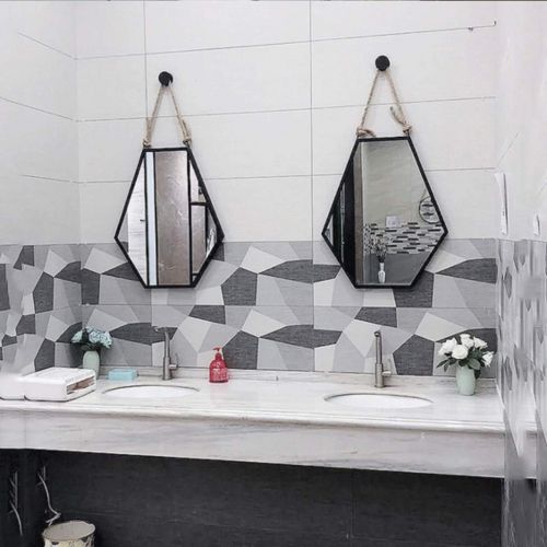  XSJ-Mirrors Wall-Mounted Mirrors Metal Bathroom Mirrors with Faux Leather Hanging Strap| Wall-Mounted Vanity Mirrors|Hexagon Iron Wall Hanging Mirror Make-up Cosmetic,Gold Bathroom Accessories