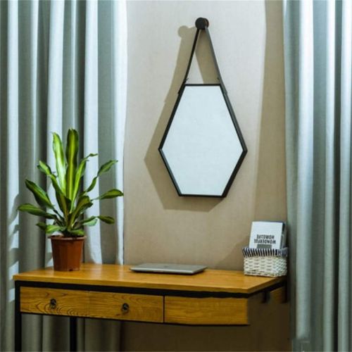  XSJ-Mirrors Wall-Mounted Mirrors Metal Bathroom Mirrors with Faux Leather Hanging Strap| Wall-Mounted Vanity Mirrors|Hexagon Iron Wall Hanging Mirror Make-up Cosmetic,Gold Bathroom Accessories