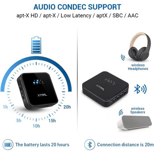  [아마존베스트]XTRAL Bluetooth 5.0 Multi-Stream Bluetooth Transmitter with Volume Control. AUX to Bluetooth Audio Adapter for Home Stereo System/car, Receiver and Transmitter with Long-Lasting Battery