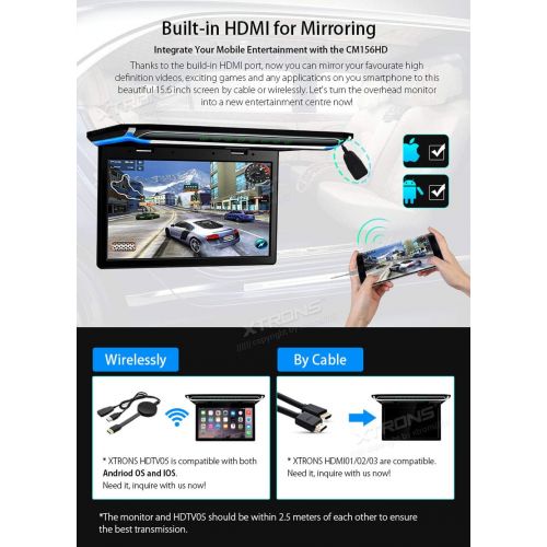  XTRONS 15.6 Inch Digital TFT 16:9 FHD Screen for Car Bus Supports 1080P Video Car Overhead Player Car Monitor with HDMI Port Automosphere LED Light Windows CE for Holiday (CM156HD)