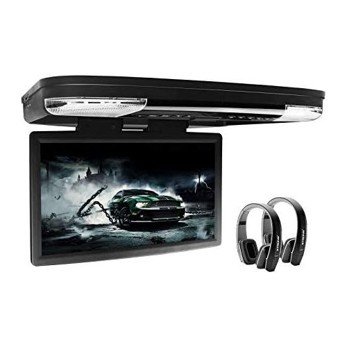  XTRONS 15.6 Inch 1080P Video HD Digital Widescreen Car Overhead Coach Caravan Roof Flip Down DVD Player Game Disc HDMI Port New Version Black IR Headphones Included