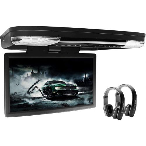  XTRONS 15.6 Inch 1080P Video HD Digital Widescreen Car Overhead Coach Caravan Roof Flip Down DVD Player Game Disc HDMI Port New Version Black IR Headphones Included