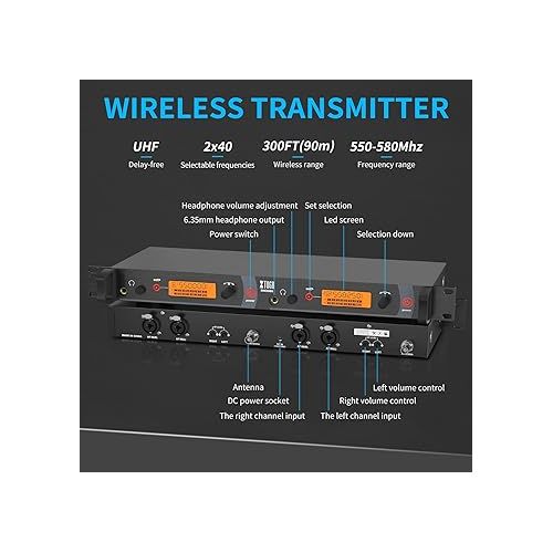  XTUGA RW2080 Whole Metal Wireless in Ear Monitor System 2 Channel 8 Bodypacks Monitoring with in Earphone Wireless Type Used for Stage or Studio Frequency902-928mhz with Transmitter