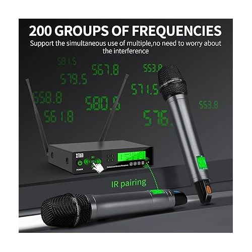  XTUGA M400 4 Channel UHF Wireless Microphone System with 200 Selectable Frequency,Cordless Microphone 4 Handheld Mic with IR Function/Lock Screen,Metal Build 328ft for Church, Party, Outdoor Event