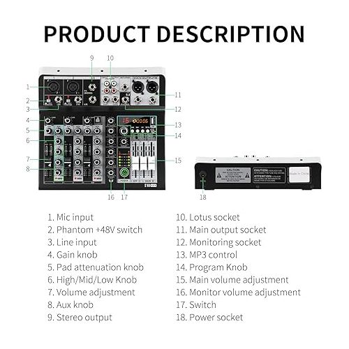  XTUGA KP4 4 Channel Audio Mixer, 16-Bit DSP Effect USB Audio Interface Effects +48V Phantom Bluetooth for Home Studio Recording,Live Streaming, Recording Equipment, KTV, Party, Church…