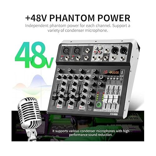  XTUGA KP4 4 Channel Audio Mixer, 16-Bit DSP Effect USB Audio Interface Effects +48V Phantom Bluetooth for Home Studio Recording,Live Streaming, Recording Equipment, KTV, Party, Church…