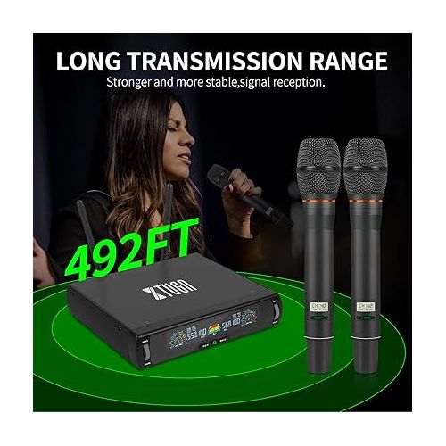  XTUGA U-260 2x100 Channel UHF Wireless Microphone System,Dual Wireless Mics Dynamic Handheld Microphone Adjustable Frequency, Auto Scan, 492ft for Church/Karaoke/Weddings/Events