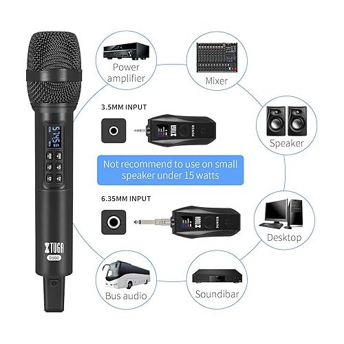  XTUGA D900 Multifunctional Dual UHF Wireless Microphone System Echo Treble and bass Microphone with Removable Receiver 3.5mm Convertible to 6.35mm Output for Stereo and Laptop, Ideal for Karaoke