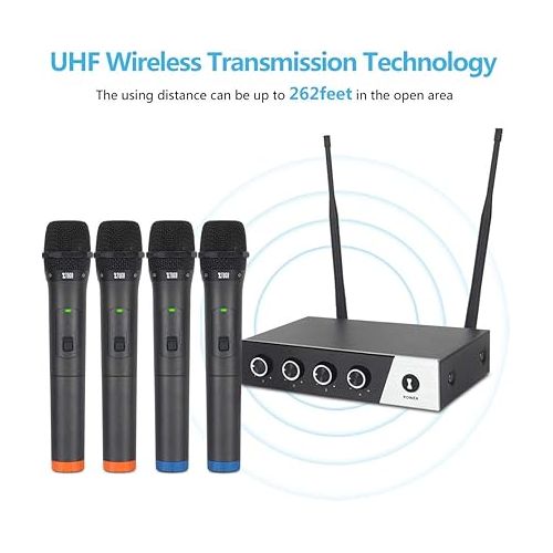  XTUGA S400 Wireless Microphone System, 4-Channel UHF Cordless Mic Set with Four Handheld Mics, Fixed Frequency, Long Range 260ft, Ideal for Church,Karaoke,Weddings, Events