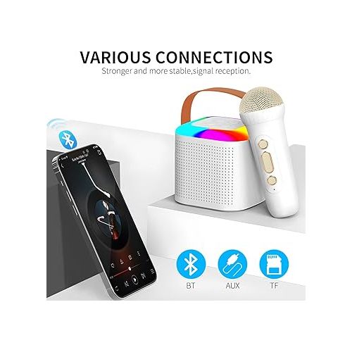  XTUGA X133 White Mini Karaoke Machine for Kids Adults, Portable Bluetooth Speaker with 2 Wireless Microphones with LED Lights for Home Party Birthday Gifts for Girls Boys Kid