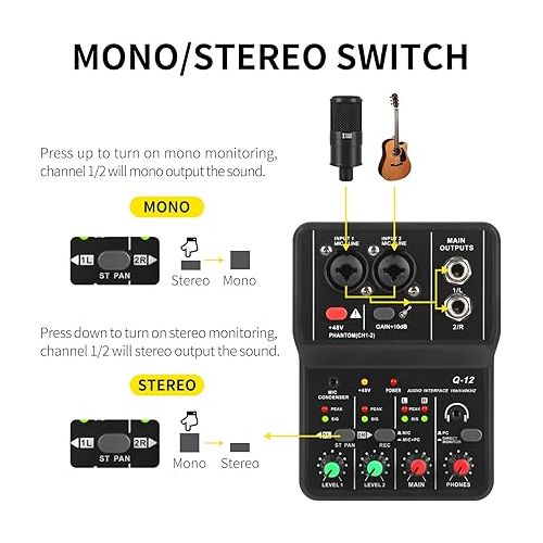  XTUGA USB Audio Interface for PC,Interface for Recording Music Computer Recording Audio Interface XLR with 3.55m Microphone Jack, USB Sound Card for Recording Studio, Ultra-low Latency Plug&Play, Q-12