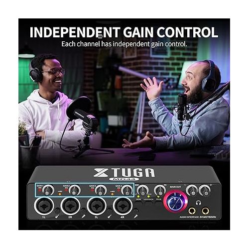  XTUGA 4 Channel Mono / 2 Channel Stereo Audio Interface with 4 mic Preamps with 48V Phantom Power 24-bit 192kHz for music computer recording MD44