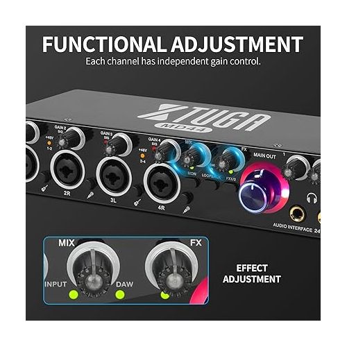  XTUGA 4 Channel Mono / 2 Channel Stereo Audio Interface with 4 mic Preamps with 48V Phantom Power 24-bit 192kHz for music computer recording MD44