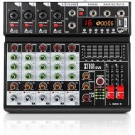 XTUGA EV6 Professional 6 Channel Audio Mixer with 16 DSP Effects,7-band EQ Independent 48V Phantom Power Bluetooth USB Interface Recording for Studio DJ Stage Party Home Recording