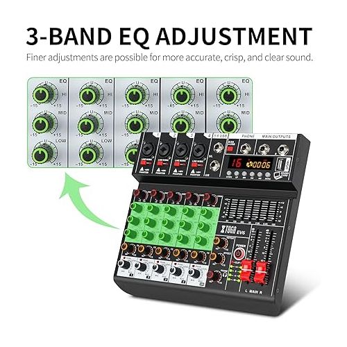  XTUGA EV6 Professional 6 Channel Audio Mixer with 16 DSP Effects,7-band EQ Independent 48V Phantom Power Bluetooth USB Interface Recording for Studio DJ Stage Party Home Recording