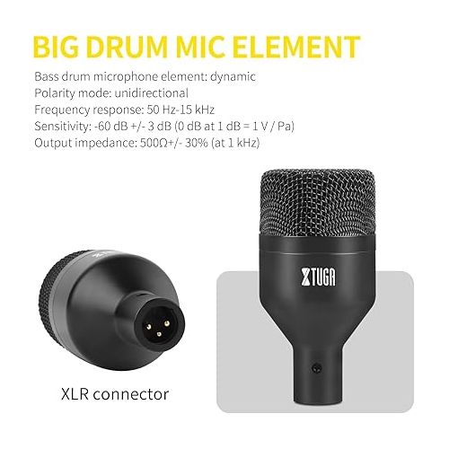  XTUGA DI7 7 PCS Wired Dynamic Drum Mic Kit Metal Kick Bass, Tom/Snare & Cymbals Microphone-Use for Drums, Vocal, Other Instrument with Thread Clip On Stage