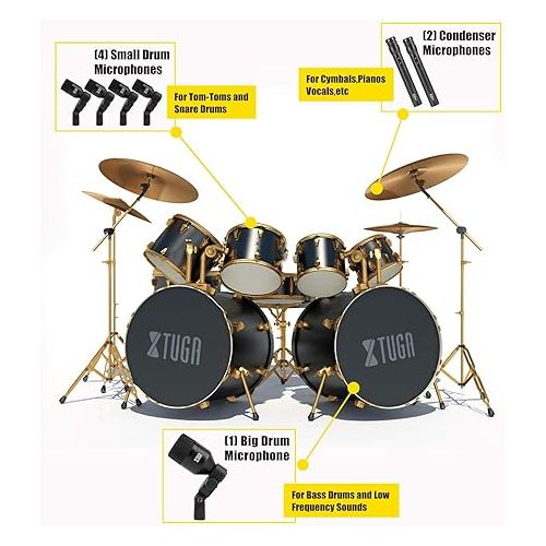  XTUGA DI7 7-Piece Wired Dynamic Drum Mic Kit (Whole Metal) Kick Bass, Tom/Snare & Cymbals Microphone-Use for Drums, Vocal, Other Instrument Complete with Thread Clip 7 On Stage Audio Cables 16.5FT