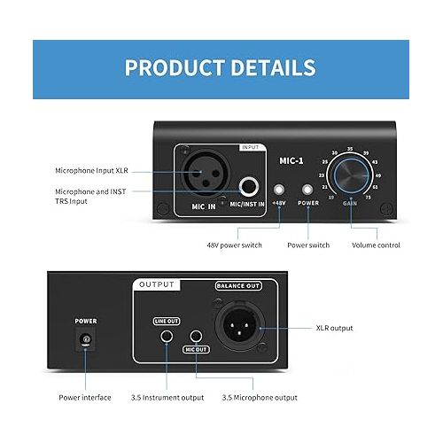  XTUGA XIC1 Microphone Preamp for Dynamic and Condenser Microphones Booster with 2 Input Max 75db Gain 48V Phantom Power XLR Output