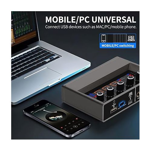  XTUGA Computer Professional Audio Interface USB with Touch Model 16 bit/48 kHz Built-in Monitor Jack, DSP Effect, 48V Phantom Power Use For Live Streaming, Podcasting Audio Interface for Mac, PC