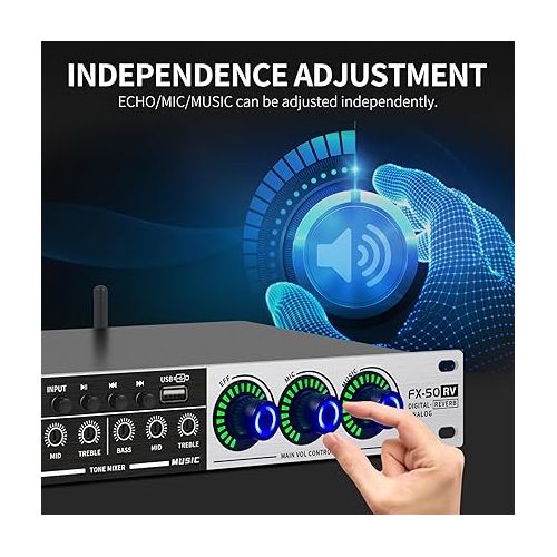  XTUGA Professional KTV Digital Pre-stage Effector FX50RV Karaoke Mixer Anti-howling Audio Processor Echo Effector USB MP3 Bluetooth Optical,5 Mic Inpout For Household Reverberator Karaoke