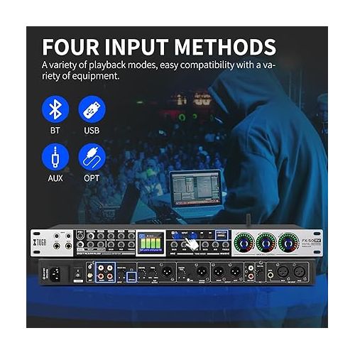  XTUGA Professional KTV Digital Pre-stage Effector FX50RV Karaoke Mixer Anti-howling Audio Processor Echo Effector USB MP3 Bluetooth Optical,5 Mic Inpout For Household Reverberator Karaoke