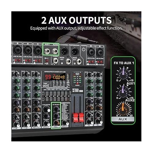  XTUGA LX6 Professional 6 Channel Audio Mixer with 99 DSP Effects,7-band EQ,Independent 48V Phantom Power&Mute Button,Bluetooth Function,USB Interface Recording for Studio/DJ Stage/Party