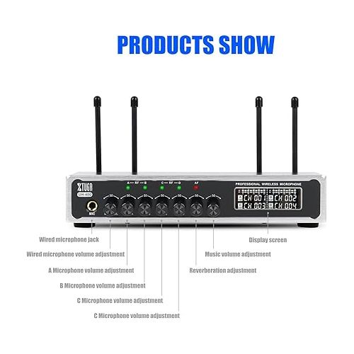  XTUGA UH400 UHF Rechargeable 4 Wireless Microphone System 50 Channels Selectable Frequency with Echo Volume Control Bluetooth 1/4 Input Jack Perfect for Karaoke Stage Family 200FT