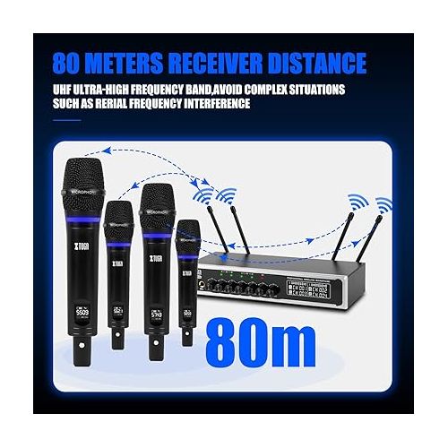  XTUGA UH400 UHF Rechargeable 4 Wireless Microphone System 50 Channels Selectable Frequency with Echo Volume Control Bluetooth 1/4 Input Jack Perfect for Karaoke Stage Family 200FT