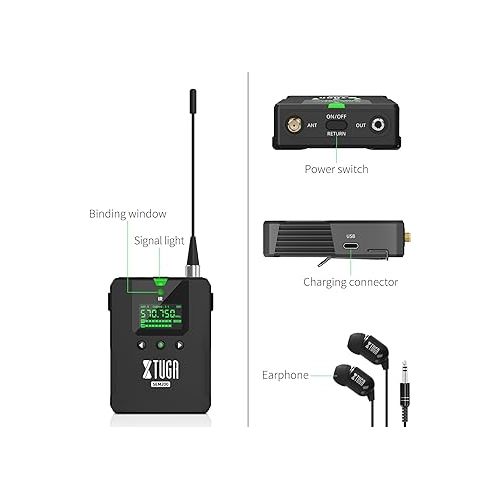  XTUGA SEM200 2 Channel Stereo Wireless in Ear Monitor System 4 Rechargeable Bodypacks UHF Stage Monitoring with Bluetooth 213FT Wireless in Earphone for Studio (4 Receiver + 1 Transmitter)