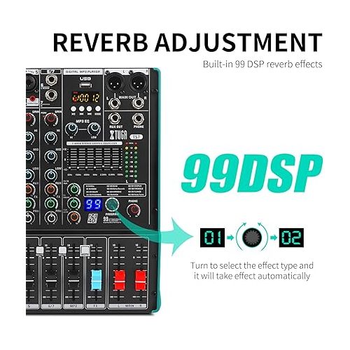  XTUGA TS7 Professional 7 Channel Audio Mixer with 99 DSP Effects,7-band EQ,Independent 48V Phantom Power&Mute Button,Bluetooth Function,USB Interface Recording for Studio/DJ Stage/Party
