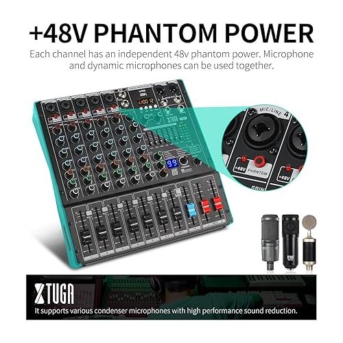  XTUGA TS7 Professional 7 Channel Audio Mixer with 99 DSP Effects,7-band EQ,Independent 48V Phantom Power&Mute Button,Bluetooth Function,USB Interface Recording for Studio/DJ Stage/Party