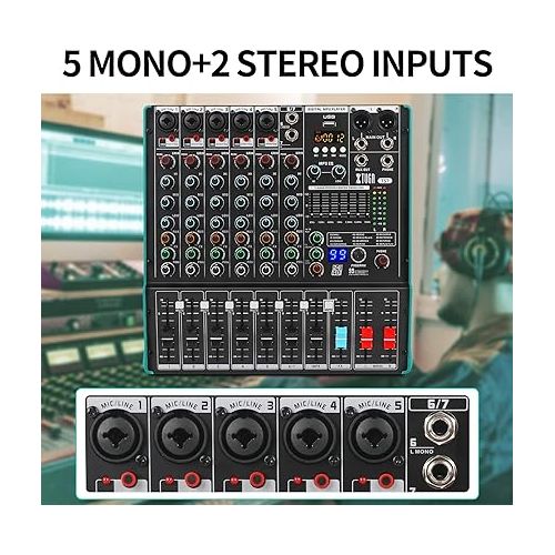  XTUGA TS7 Professional 7 Channel Audio Mixer with 99 DSP Effects,7-band EQ,Independent 48V Phantom Power&Mute Button,Bluetooth Function,USB Interface Recording for Studio/DJ Stage/Party