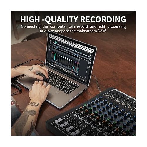  XTUGA 80CT 8 Channel Mixer for PC Recording Sound Controller Audio Interface with Digital Effect Studio Mixer with 48V Phantom Power RCA Input XLR