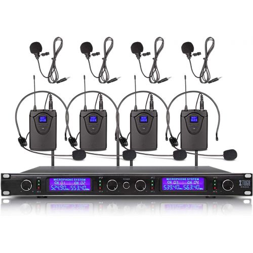  XTUGA EW240 UHF Rocket Audio 4 Channel Wireless Microphone System UHF Wireless Microphone System Metal Receiver with 4 bodapack for Stage Church Use for Family Party, Church, Small